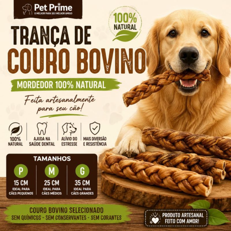 Trança de Couro Bovina para cães mordedor natural tamanho P M G