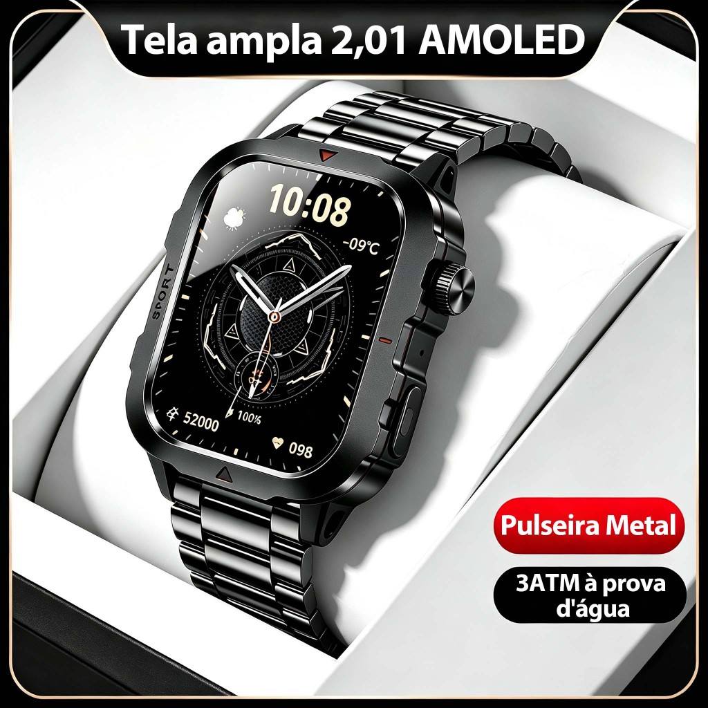 relogio smartwatch masculino H11 2.01''AOMLED 3ATM à Prova de água 100+ esportes 24h Monitora saúde Assistente de IA