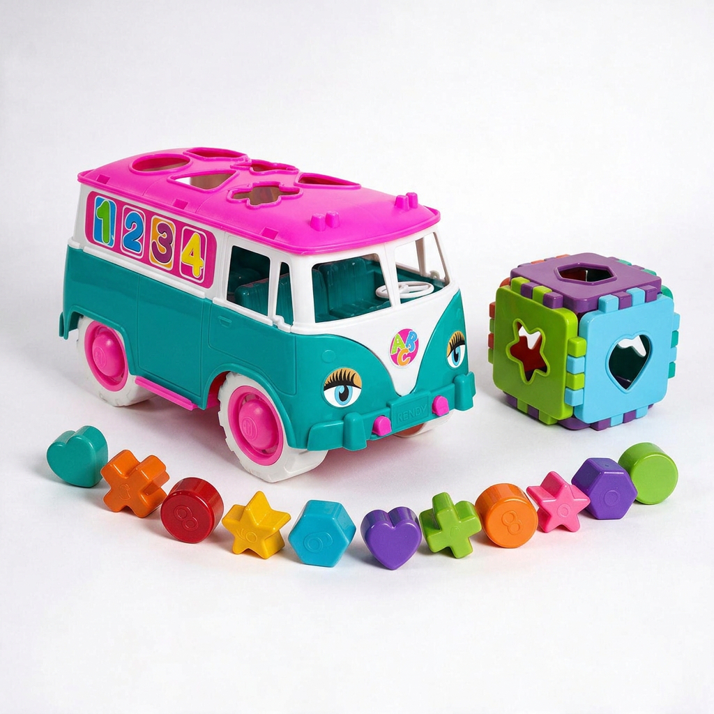 Kit Kombi Educativa + Cubo Educativo | Acompanha12 Peças de Encaixar | Carrinho 