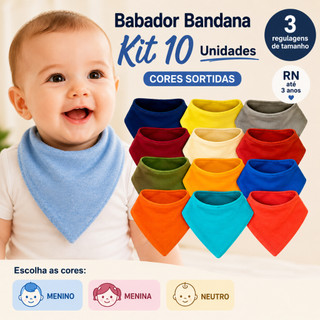 Babador Bandana Bebê Kit 10 Peças Dupla Face Tecido Premium de Algodão Lindas Cores Babador Bebê