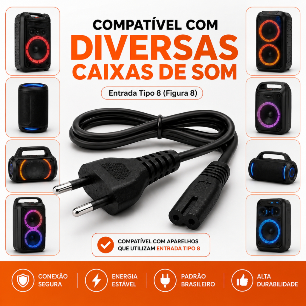 Cabo de Força Bipolar para Caixa de Som Bluetooth 1,5 m Compatível Principais Marcas