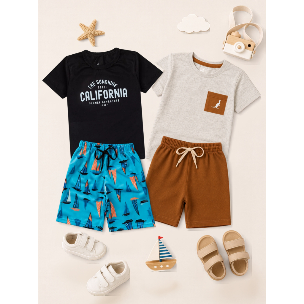 Kit 4 Peças 2 Conjuntos Infantil Menino Verão em Algodão - 2 Shorts 2 Camisas Envio Sortido