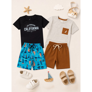 Kit 4 Peças 2 Conjuntos Infantil Menino Verão em Algodão - 2 Shorts 2 Camisas Envio Sortido