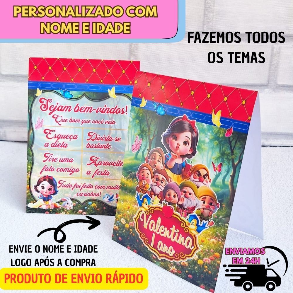 Plaquinha de agradecimento centro de mesa BRANCA DE NEVE BABY /cartao de agradecimento ENVIO EM 24Hs.