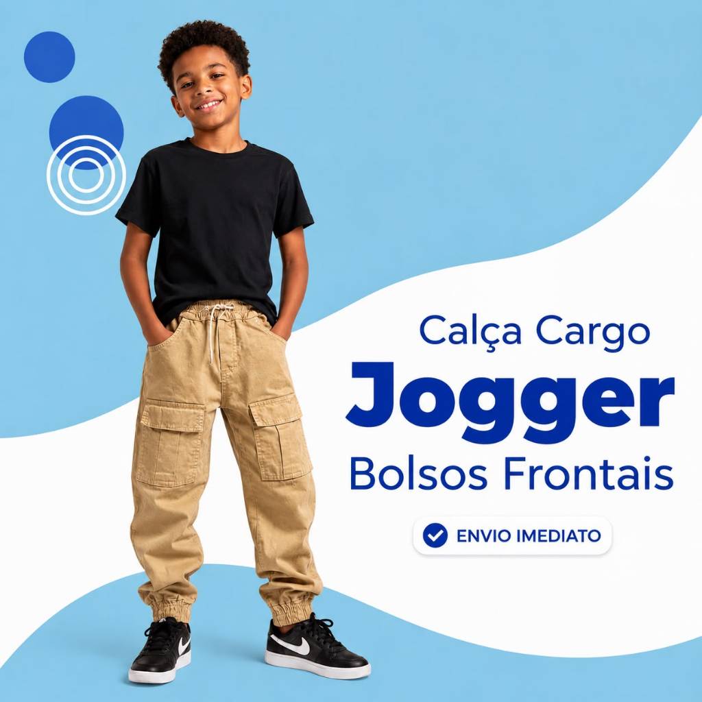 Calça Jogger Cargo Infantil Masculina Sarja Com Bolsos Frontais Ajustável Moda Kids