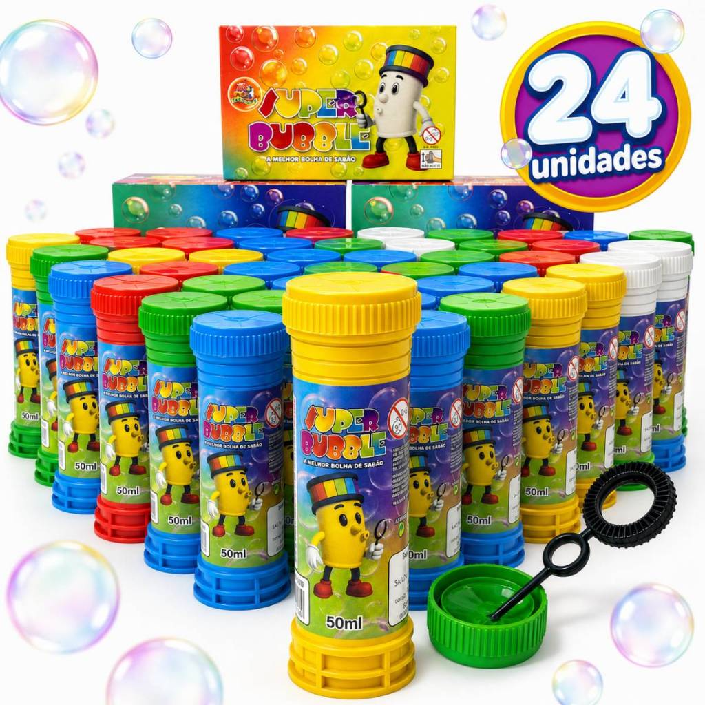 Kit 24 Bolha de Sabão Lembrancinha Infantil Colorido Aniversário Dia das Crianças Sacolinha Surpresa