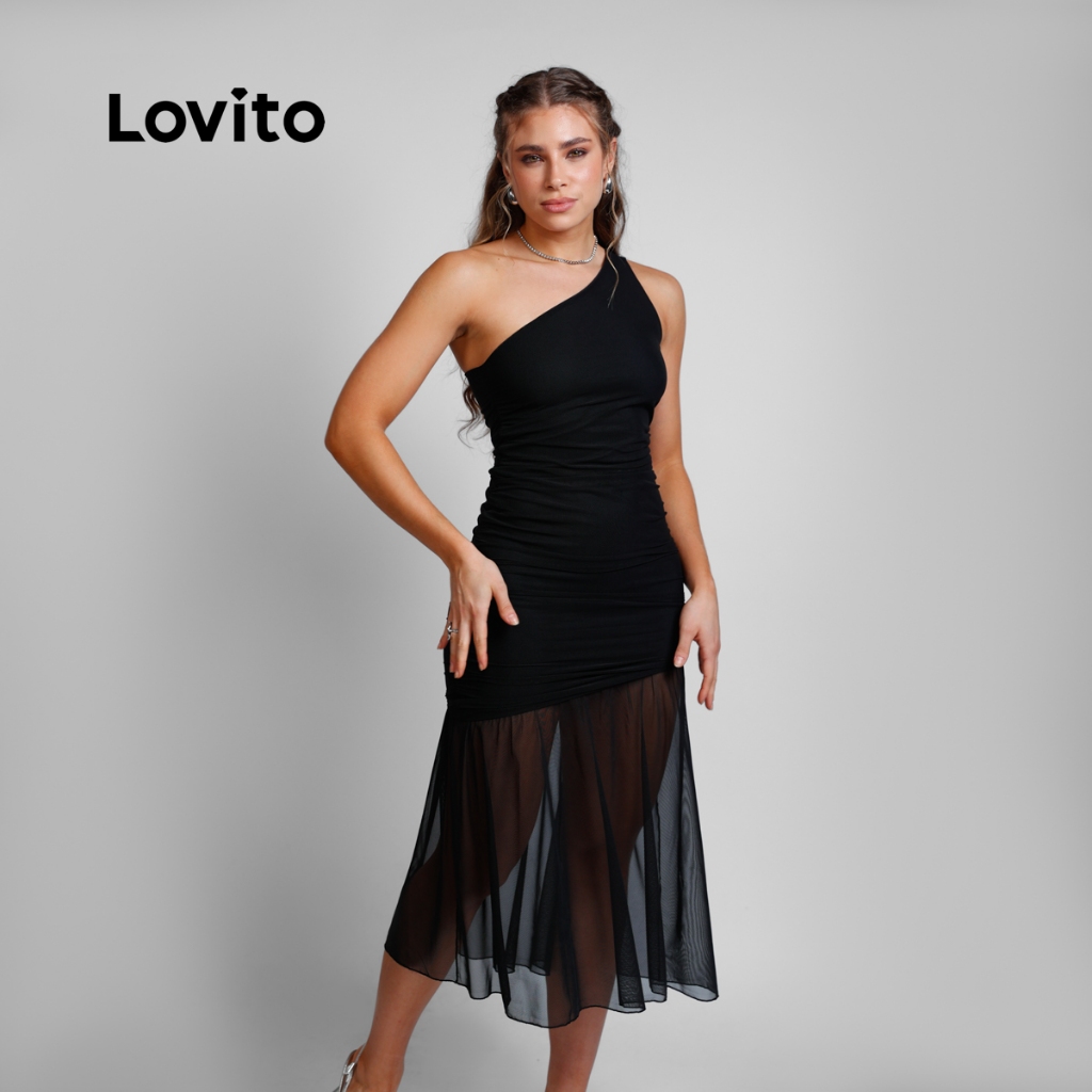 Lovito Vestido Feminino Um Ombro Só Com Barra Em Tule DRB21572187