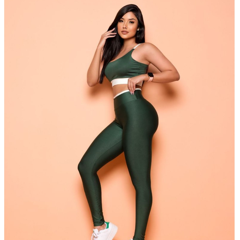 Conjunto Fitness Roupa Academia BICOLOR ZERO TRANSPARÊNCIA Treino Calça legging compressão cós alto confortável Top