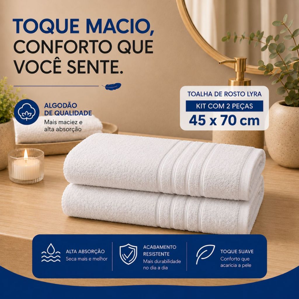 Kit 2 Toalhas de Rosto Branca 45x70cm Lyra 300g/m² Macia Absorvente Confortável Seca Rápida Camesa
