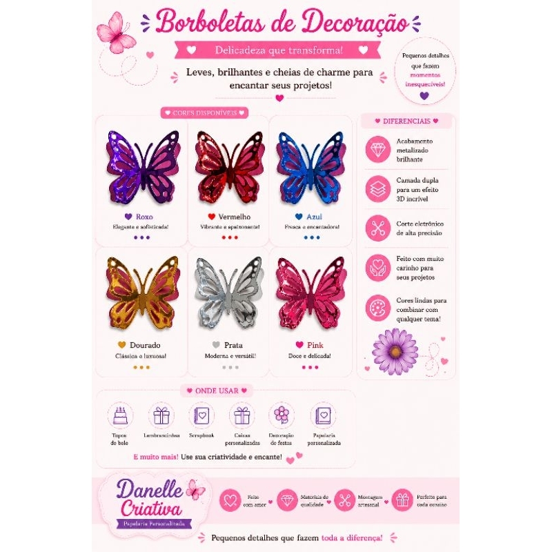 Kit Borboletas 3D Decorativas em Papel Espelhado | Apliques para Topo de Bolo, Lembrancinhas e Decoração de Festas