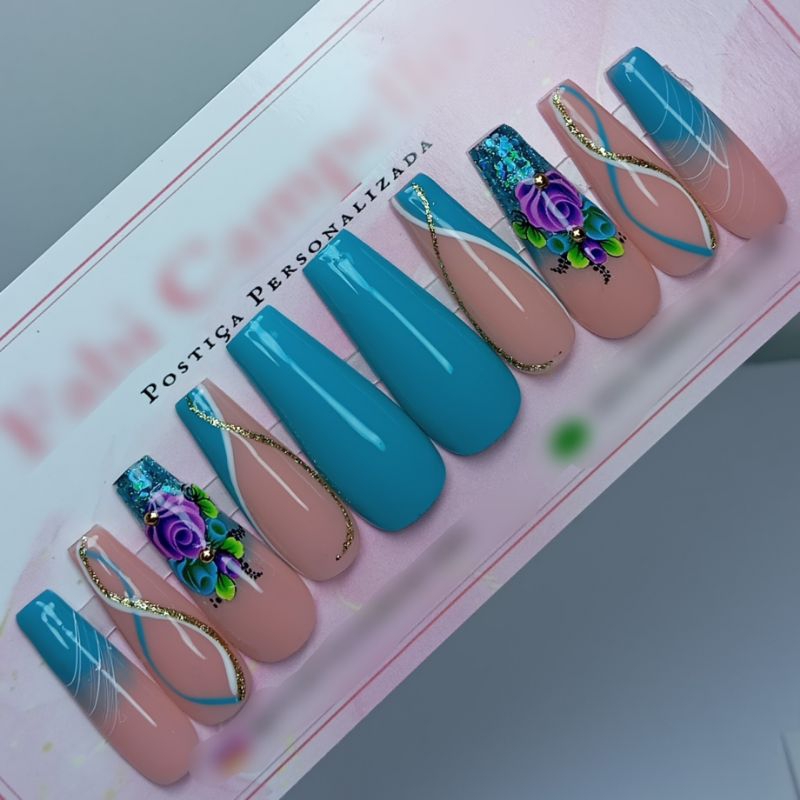 Unhas Postiça Realista Bailarina Azul com Glitter, Francesas Lateral e Flores