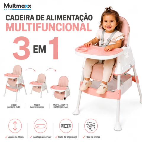Cadeirinha de Alimentação Infantil Portatil Cadeira Alta Multifuncional com Rodas Menina Rosa