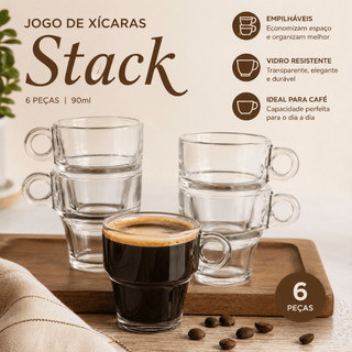 Jogo de Xícaras de Vidro 90ml 6 Peças Empilháveis Café Espresso Chá Copo Pequeno Stack Resistente Moderno Elegante