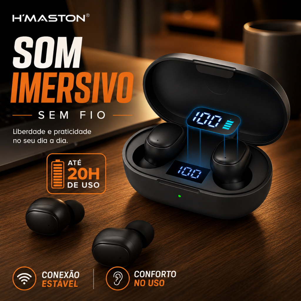 Fone De Ouvido Bluetooth 5.3 Tws H'maston RS-26 Sem Fio Fone Tws Duplo Com Microfone Luz Led Preto