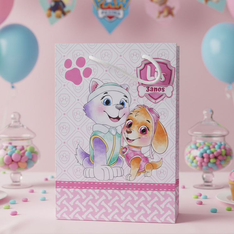 Sacolinha (M) Personalizada Lembrancinha Patrulha Canina Rosa Aquarela.