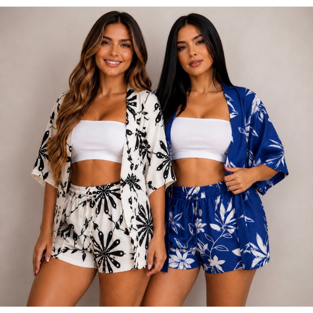 Kit 2 Conjuntos Femininos Kimono e Short Leves, Elegantes e Confortáveis Envio Ultra Rápido em até 6h