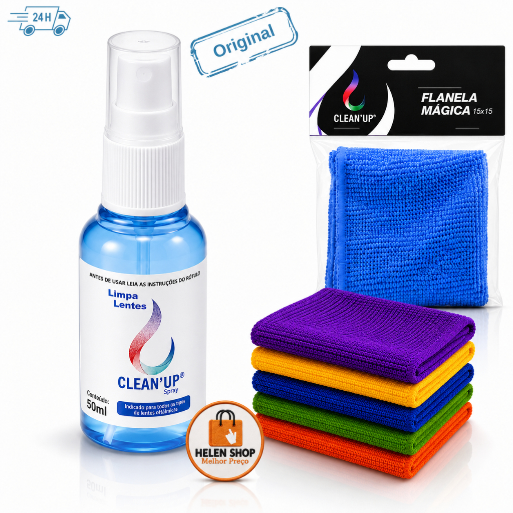 Kit Limpa Lentes e Telas Clean Up 50ml + Flanelas Premium em Microfibra óculos celular tablet Notebook