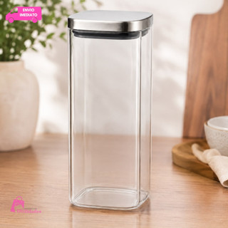 Pote de Vidro Hermético 1,8L Tampa Inox Porta Mantimentos Feijão Arroz Macarrão