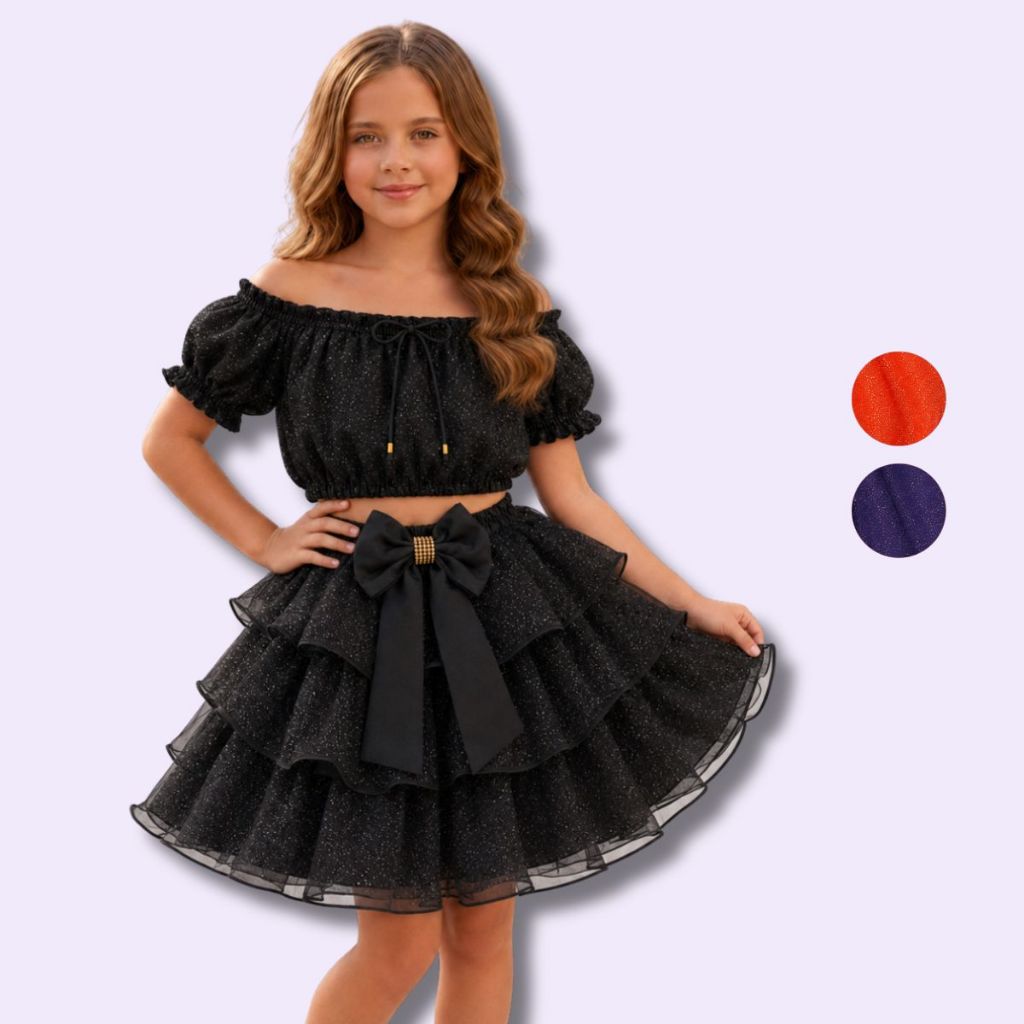 Conjunto Juvenil Saia Babado Tule Brilho Luxo Cropped Festa Menina