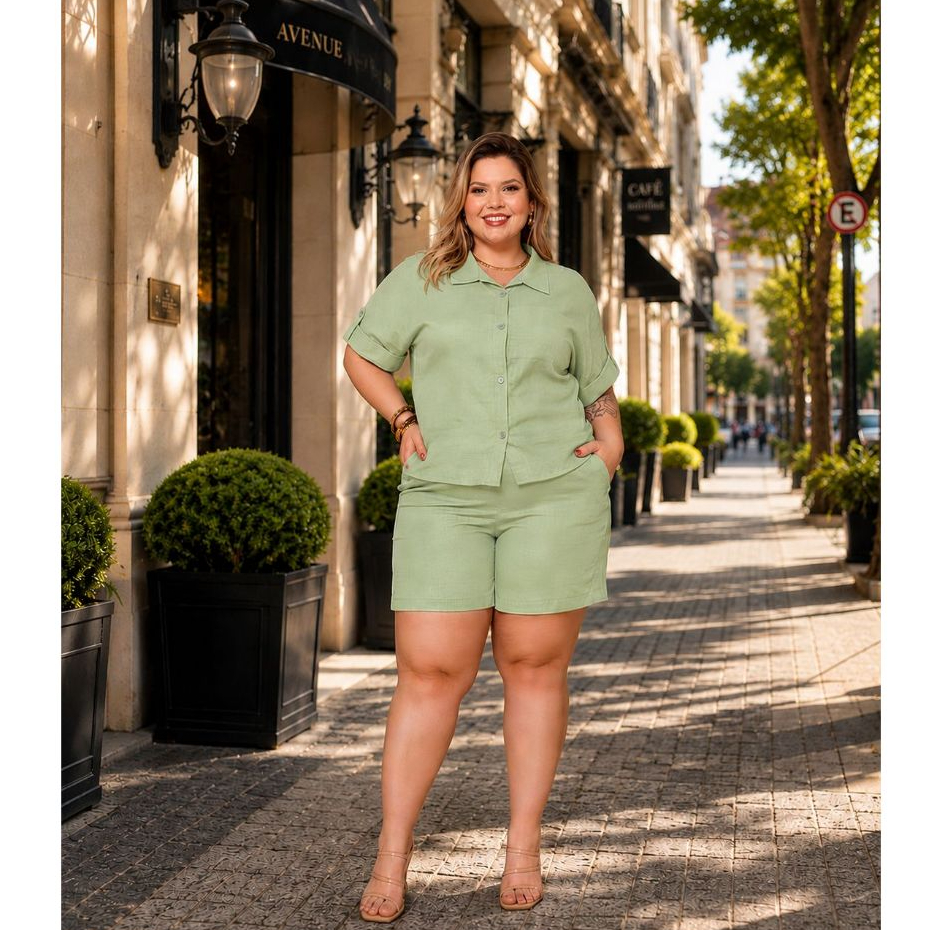 Conjunto Plus Size Camisa Morcego + Short – Manga Dobrada, Duna Twill Leve e Frescoj