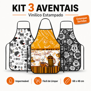 Kit 3 Avental de Cozinha Vinílico Vinílico Impermeável Estampado Adulto Fácil Limpeza