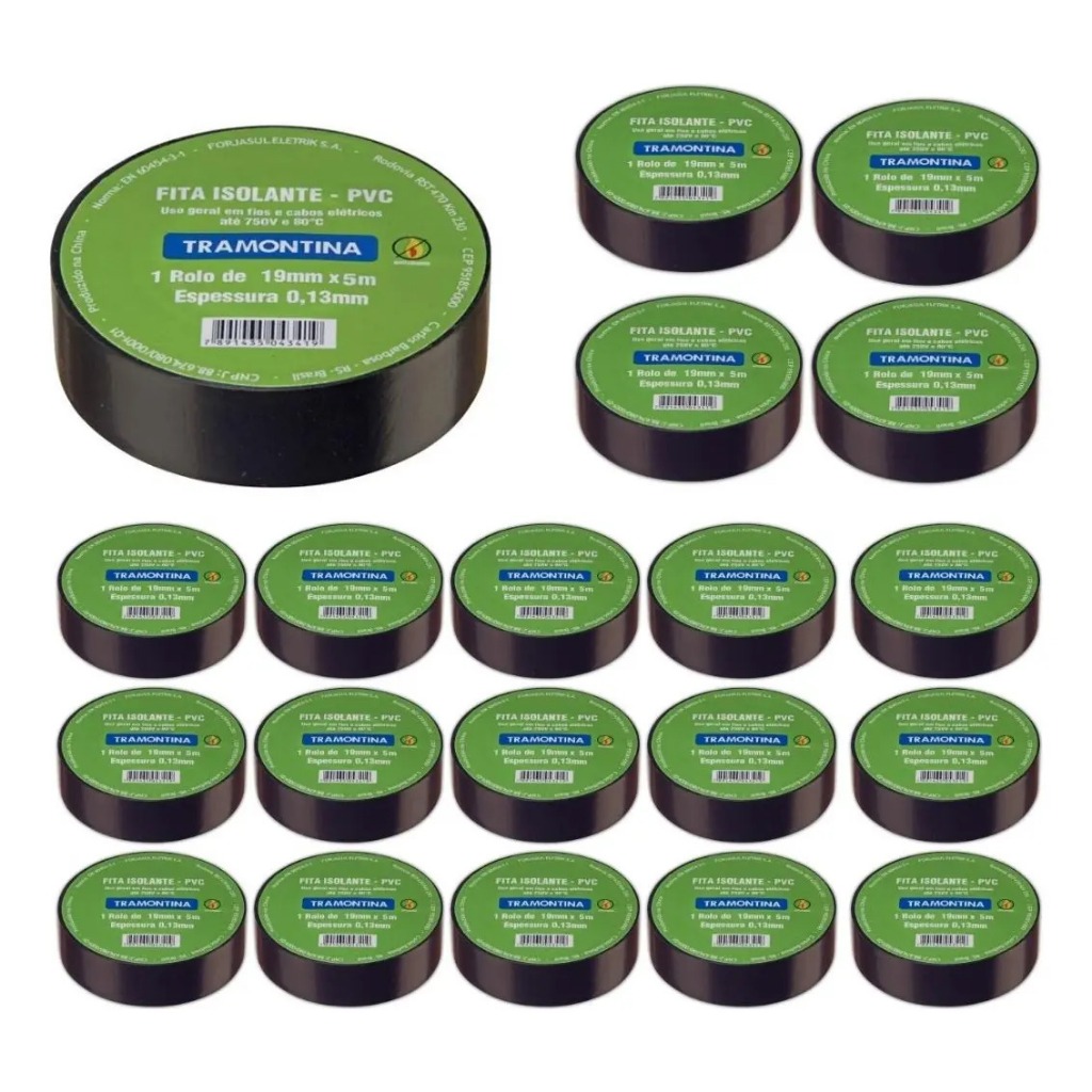 Kit 5, 10, 20 Fita Isolante 19mm X 5m PVC Resistente Preto Marca Tramontina Oferta Original