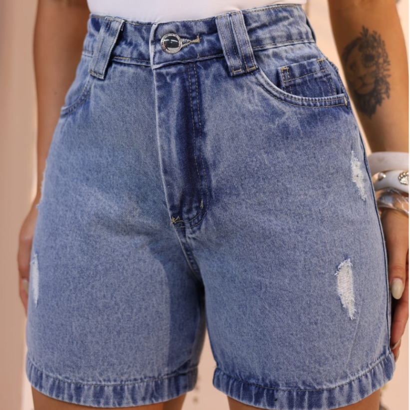 Short Jeans Feminino Mom Com Rasgadinho Cintura Alta Premium Empina Bumbum Versátil Destroied