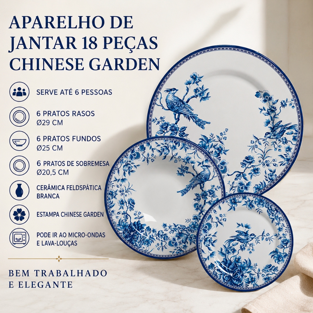 Aparelho de Jantar 18 Peças Chinese Garden Bem Trabalhado e Elegante - Alleanza