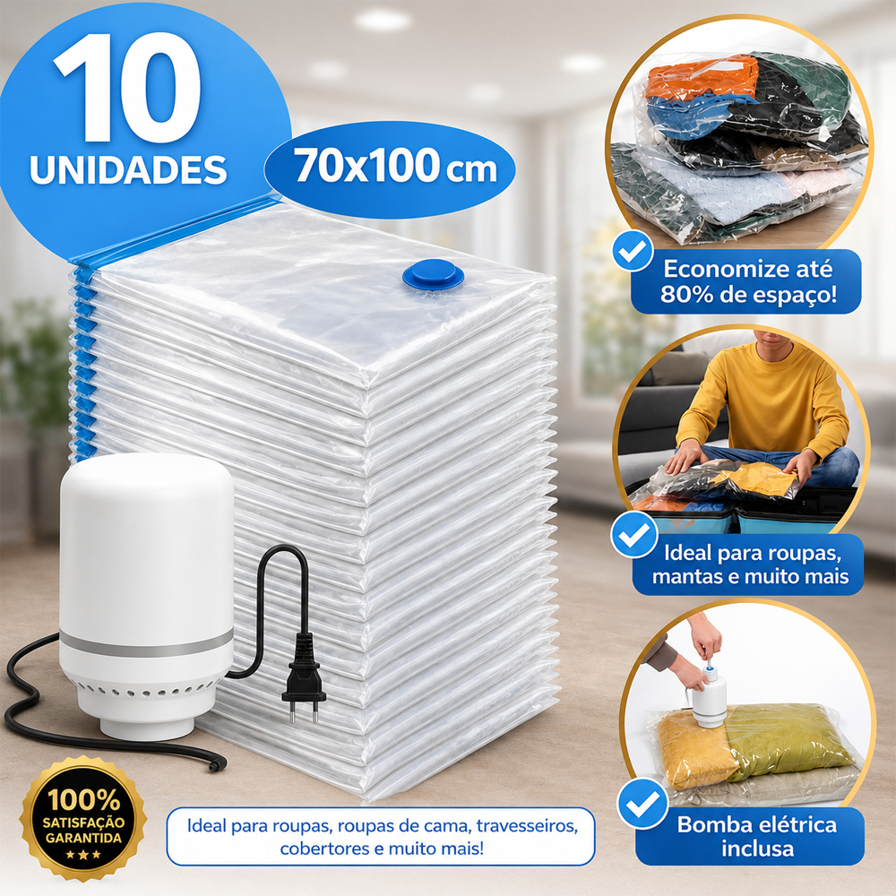 Kit 12 Saco a Vácuo + Bomba Elétrica 110v 220v Organização de Roupas Mala Viagem Guarda Roupas