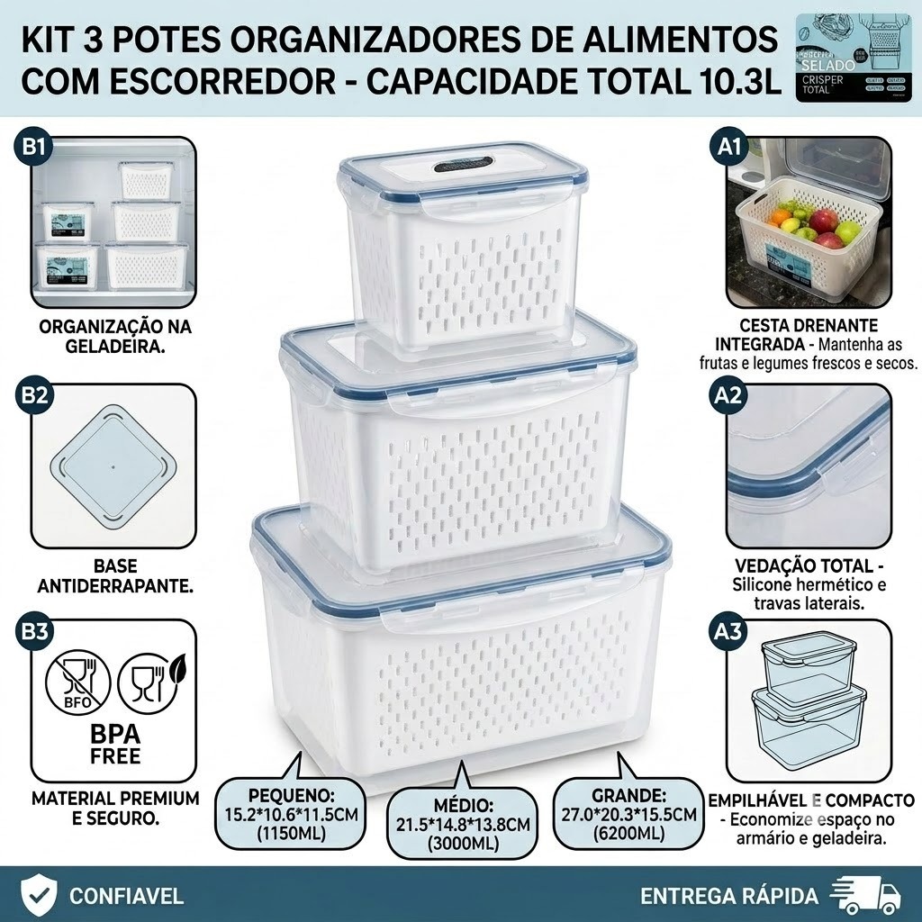 Kit 3 Potes Organizador Hermético com Escorredor – Vasilha para Geladeira, Cozinha e Marmita (Plástico)