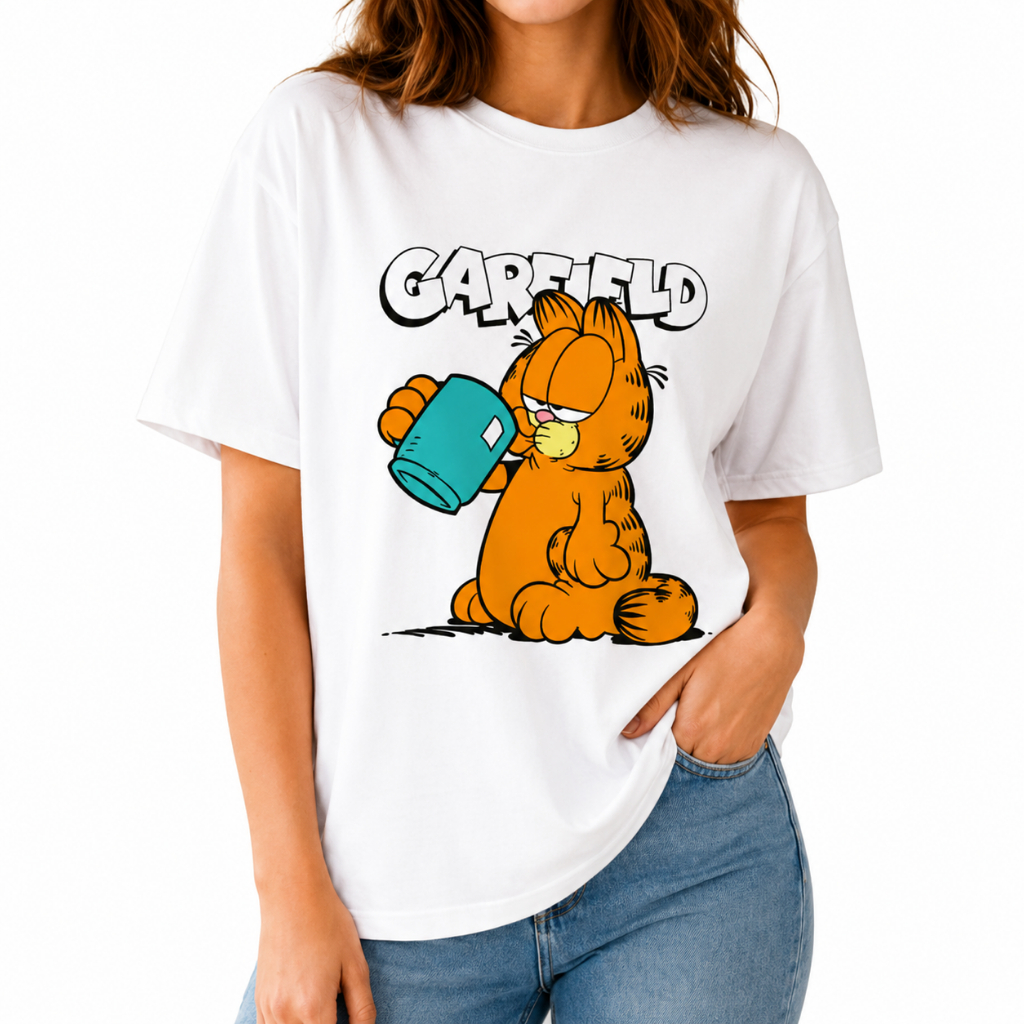 Camiseta Feminina Gato Café Desenho Animado Estampada 100% Algodão Casual