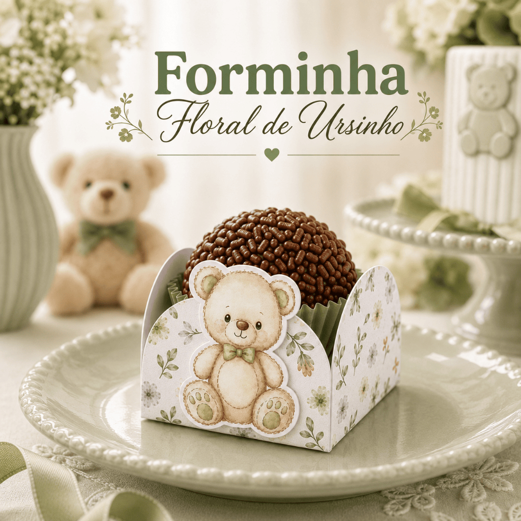 Forminha para Docinho Ursinho Chá Revelação ou Chá de Bebê | Forminha Brigadeiro Floral Verde Festa Menino