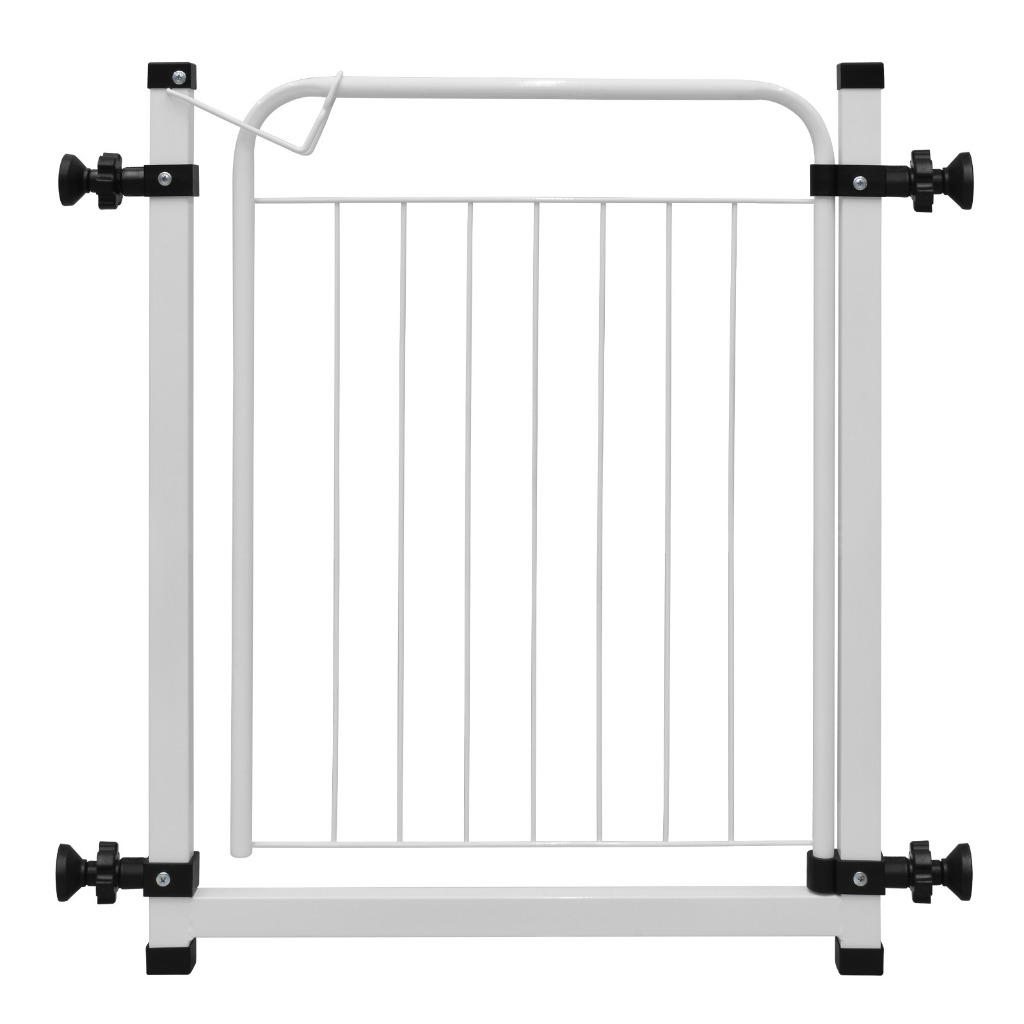 Portãozinho Pet Criança Branco 69cm – Aço Inox, Ajustável, Sem Furos C/ Extensor