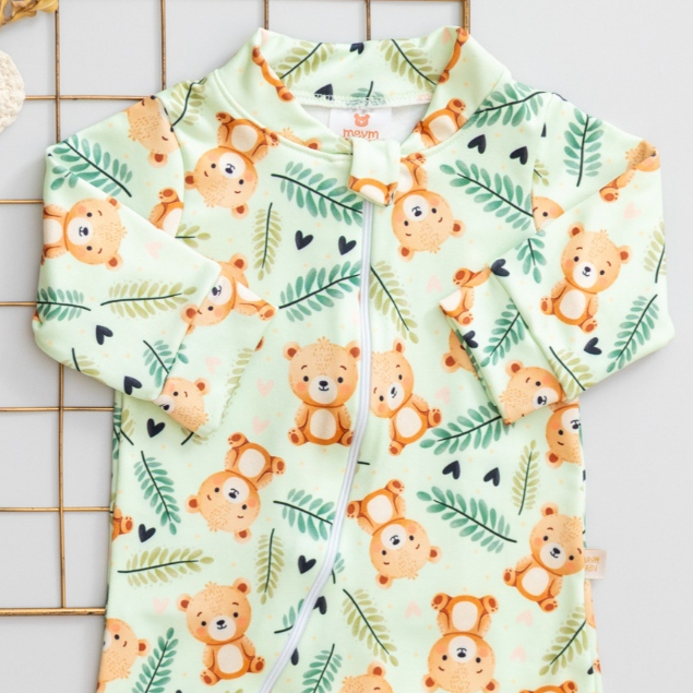 Macacão Bebê Térmico Quentinho Menina Menino Inverno Verde com Estampa Ursinho