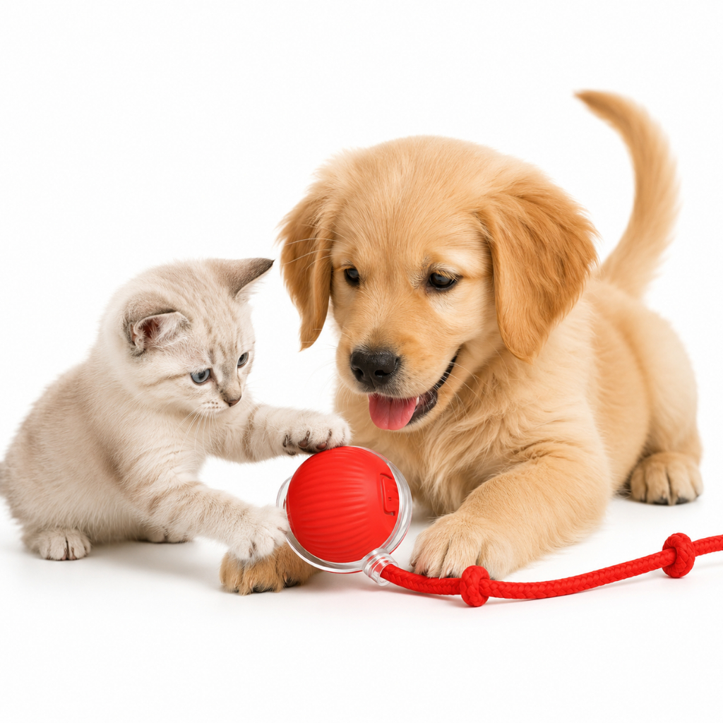 Brinquedo Interativo Bola Giratória Automática para Gatos e Cachorros Recarregável USB-C com Compartimento para Petiscos
