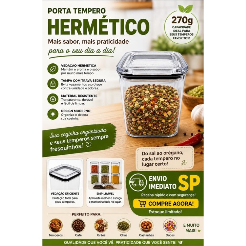 Porta Tempero 270ml  kit 3 unidades Transparente com Tampa Hermética– Organizador para Cozinha, Mantimentos,alta vedação