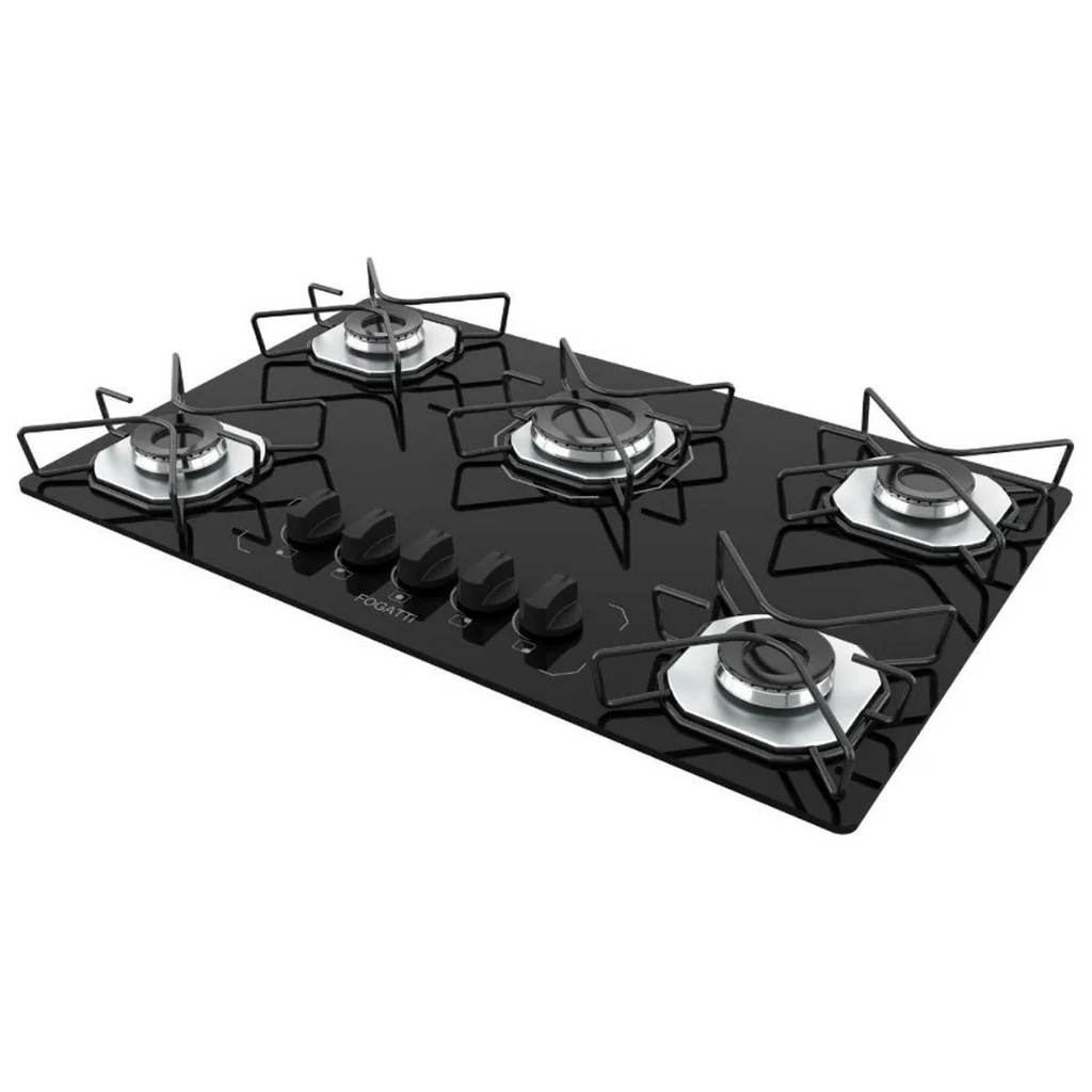 Cooktop Fogatti à Gás FGT 5 Bocas Vidro Preto Flange Inox Bivolt - Acendimento Automático