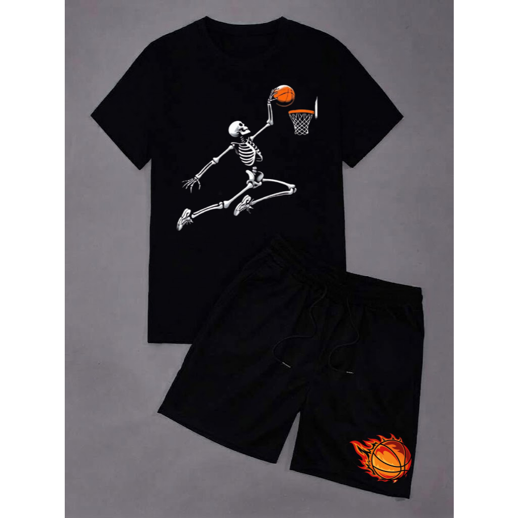 Conjunto Blusa Camiseta Básica+ Short Moletom Bermuda Masculino Confortável Estampa Esqueleto Basquete Lançamento VERÃO