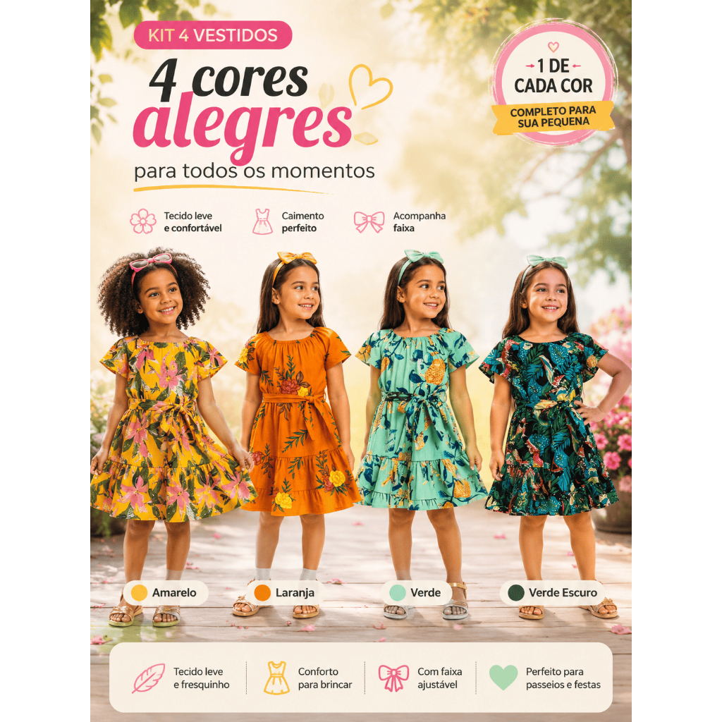 Kit 4 Vestido Infantil Estampado Com Flores Menina 8 anos Festa Parque Cores Alegres Verão Calor Roupa Infantil Feminina