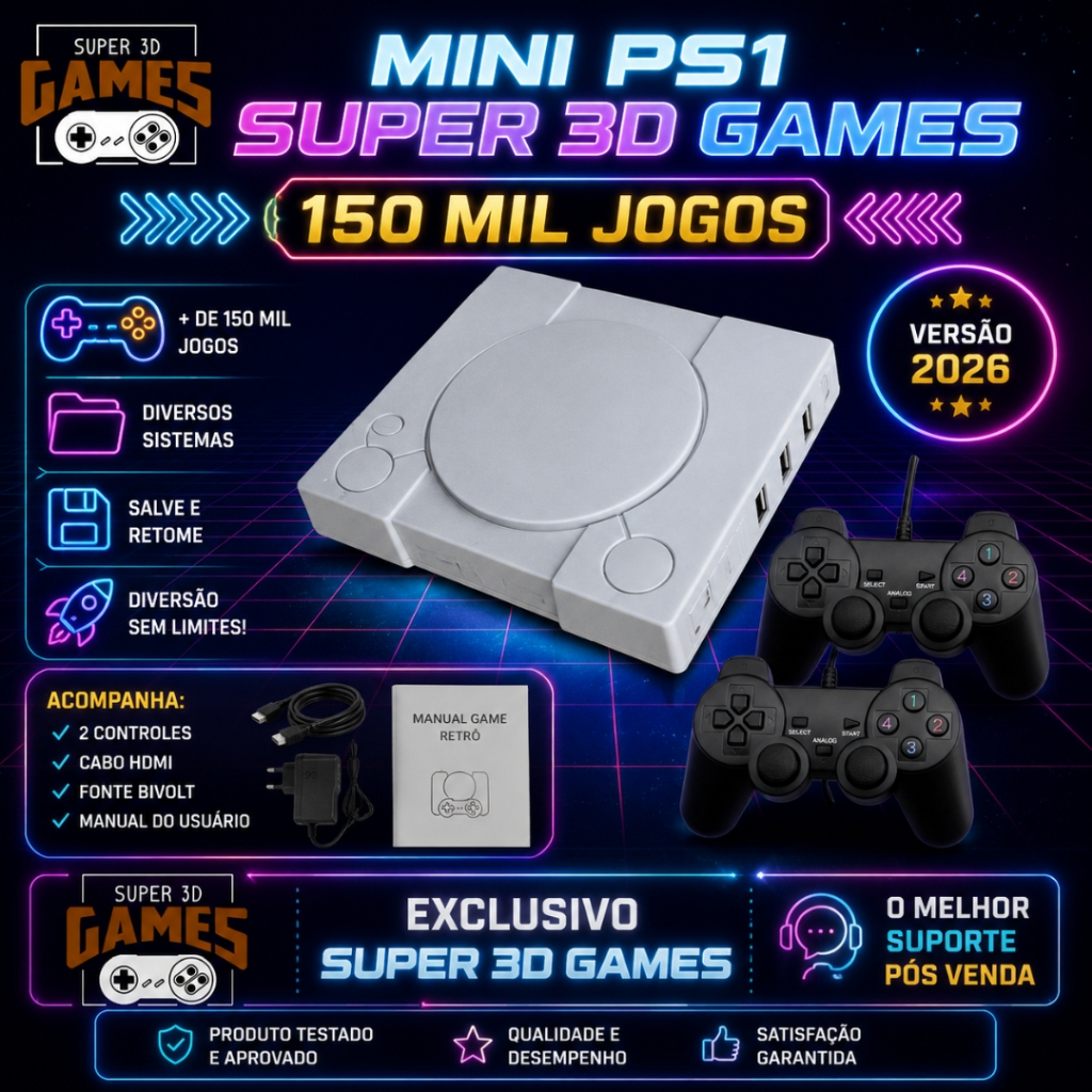 Super 3d Games - Super Vídeo Game Retro 150 mil jogos Antigos Acompanha 2 Controles Envio Rápido