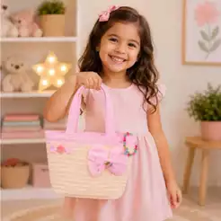 Bolsa Infantil de Palha Mão e Transversal Laço Missanga Cores Tamanho Variados Meninas Moda Casual Praia Parque Verão