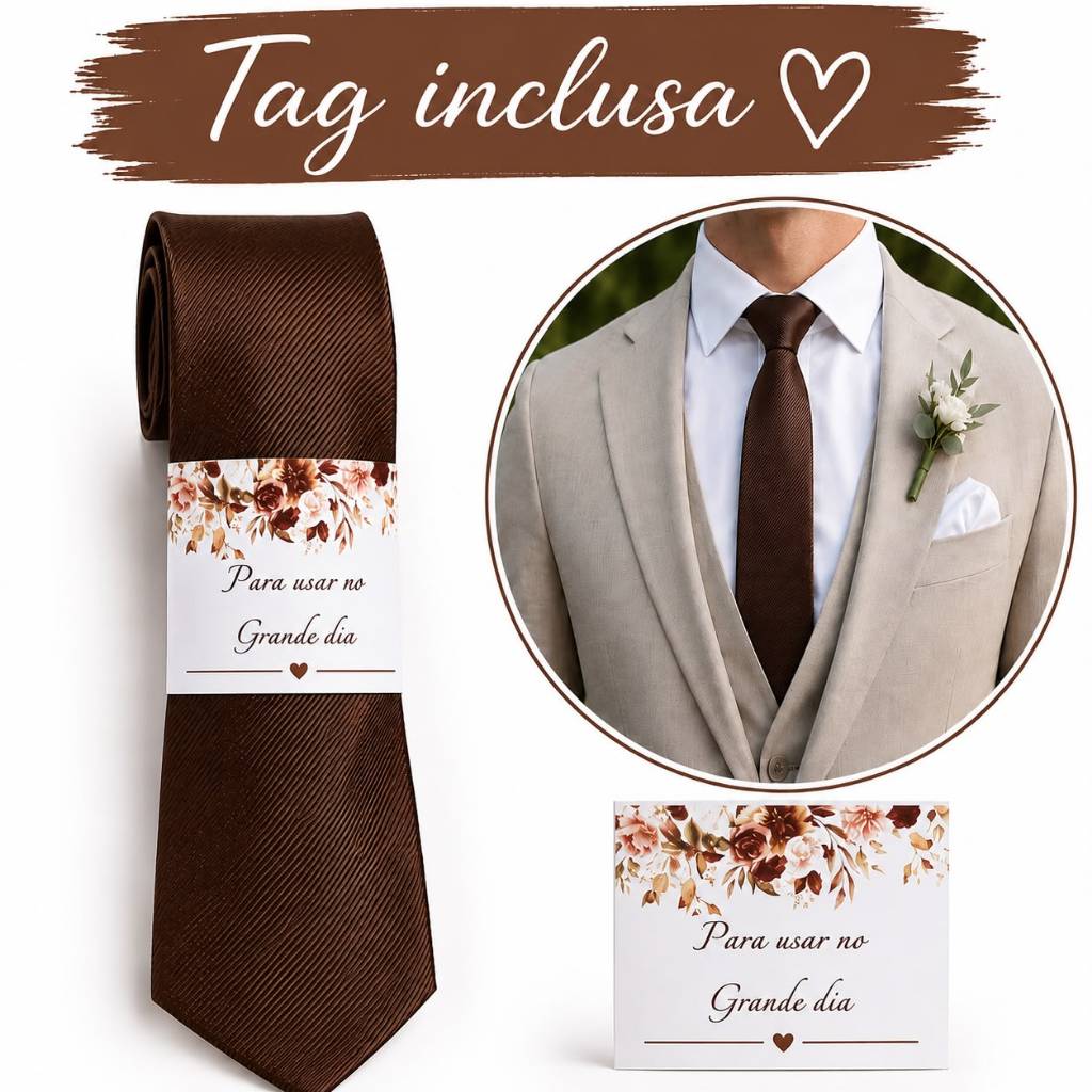 Gravata Slim Marrom para Padrinhos de Casamento Tag PD