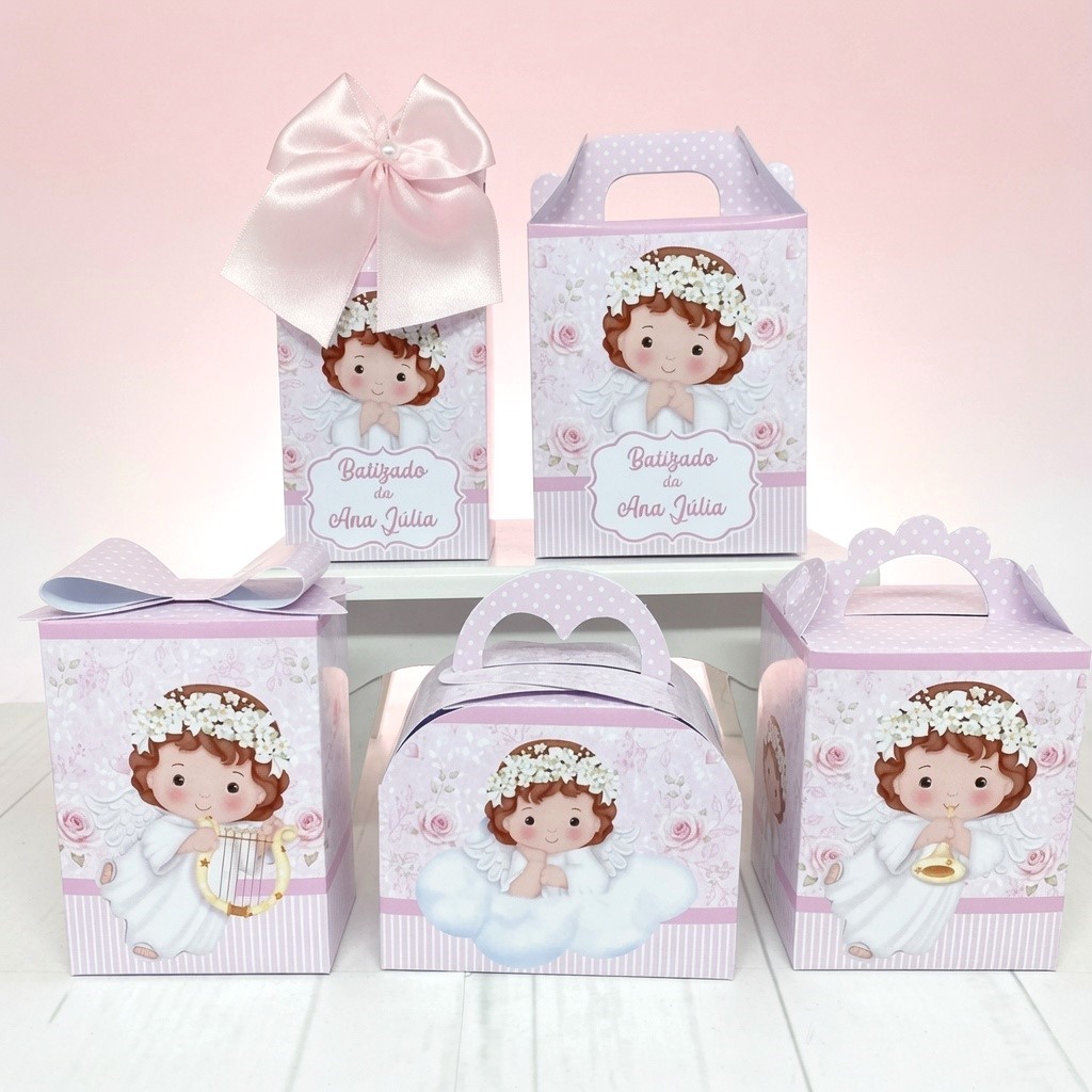 Caixinhas personalizados  lembrancinhas  Batizado  Kit festa  Batizado rosa anjinha