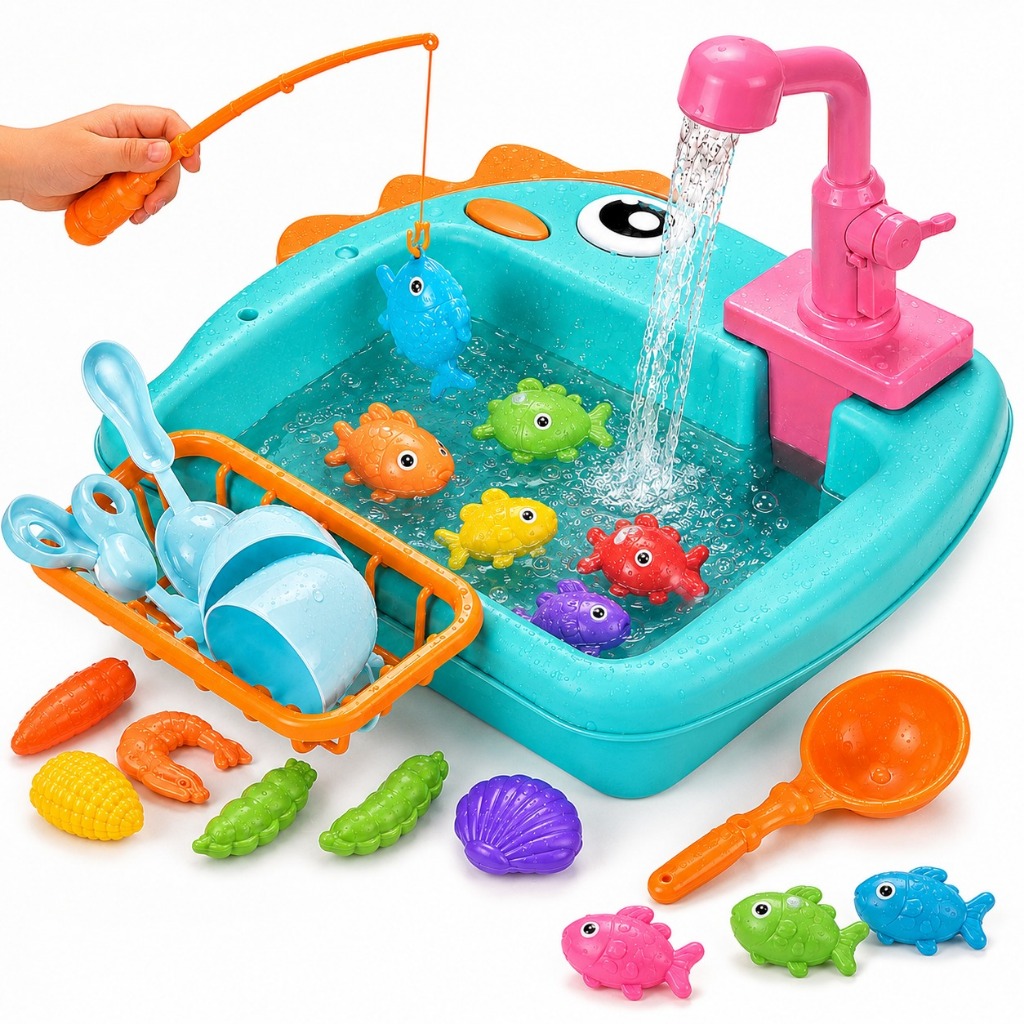 Imagem Kit Lava-Louças e Pescaria com Acessórios Pia Infantil 2 em 1 com Água de Verdade