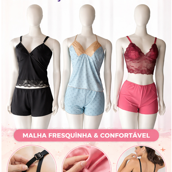 kit com 3 unidades de short doo baby doo produto feitode lignete, com detalhes em renda , ideal para noites confortaveis