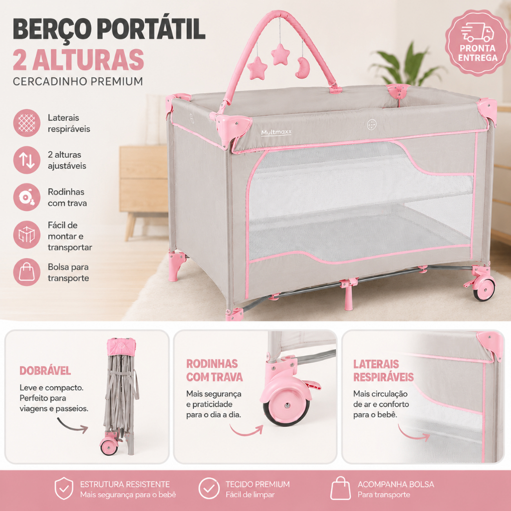 Berço Portátil Infantil 2 Alturas Cercadinho Bebê com Rodinhas e Mobile Chiqueirinho Menina Rosa