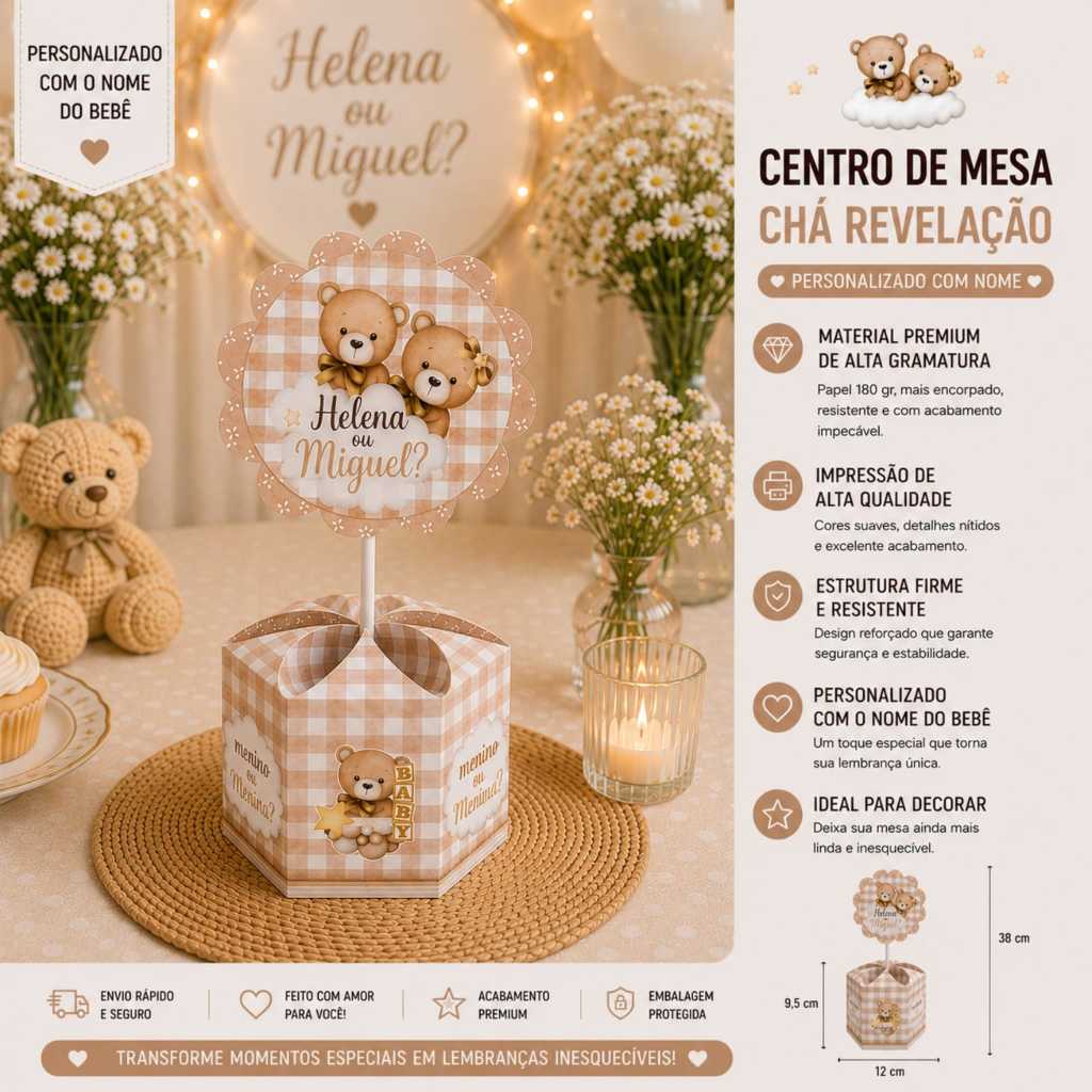Kit 10-30 Centro de mesa Chá Revelação, Chá de bebe Festa Ursinho Neutro bege, tamanho grande, festa infantil