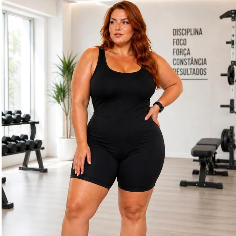 Macaquinho Plus Size Fitness Academia Zero Transparência Blackout — imagem 1