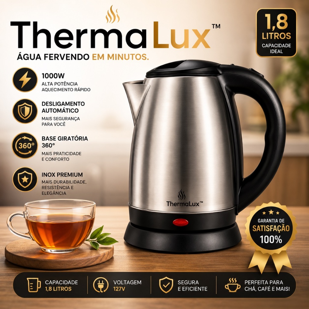Chaleira Eletrica Inox 1.8 Litros Potente 1000w Rápido Aquecimento 127v