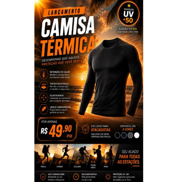 Camiseta Térmica Manga Longa com Proteção UV 50+ Unissex Feminina Masculino
